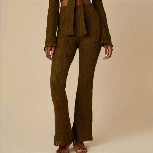 NWT Savannah Morrow Halle Knit Pants Forest Green PullOn High Rise Flared Pant L - Picture 1 of 5